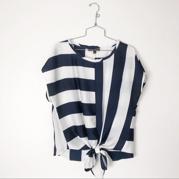 Silky tie front top striped blouse blue & white - Picture 1 of 7
